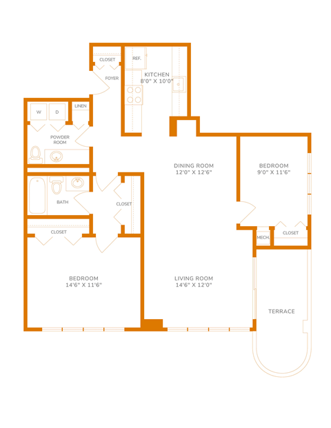 1040 Sq. Ft. Unit - 2 Bedroom 2.15 Bath Floor Plan at The Paramount, Arlington, 22202